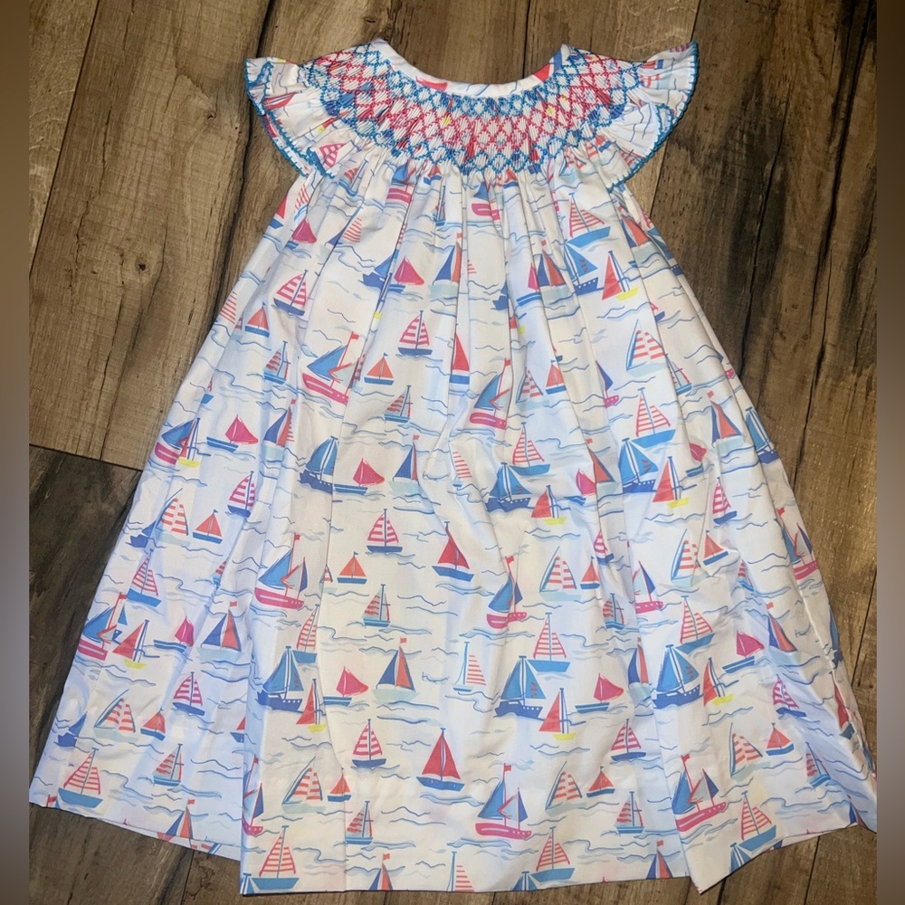 Smocked Auctions (Classic Whimsy) Geometric Smocked Sailboat Dress